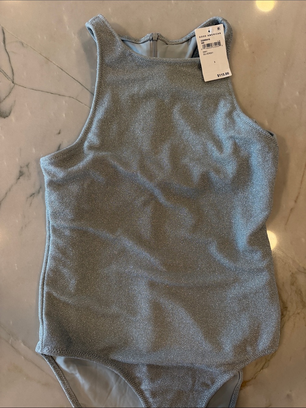 Good American Silver Shimmer High-Neck Sleeveless Bodysuit
